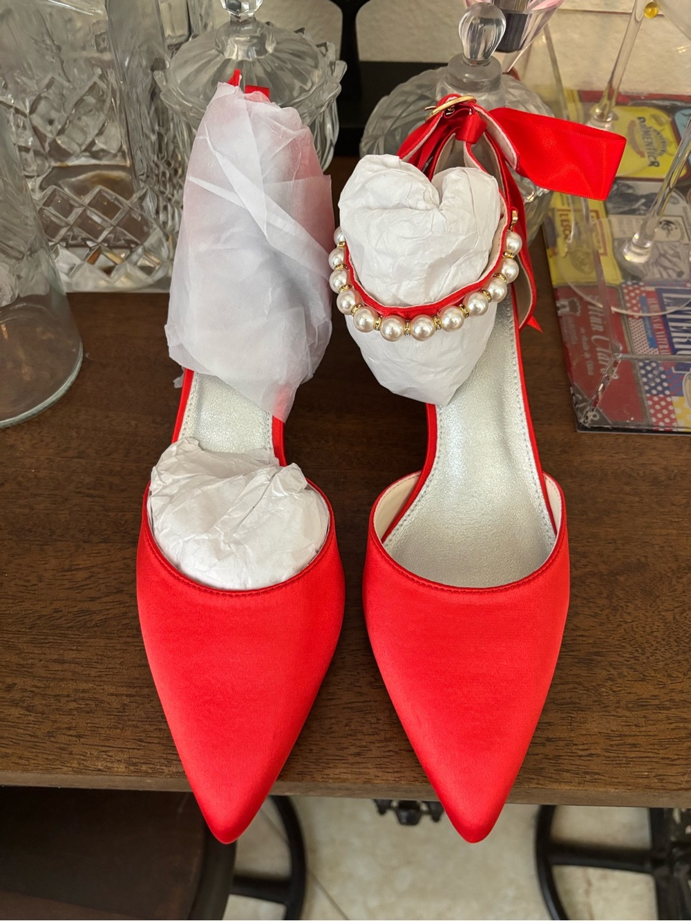 Brand New! Pointed Red Satin Ankle-Tie Heels with Pearl Accent - (Size: 7.5)